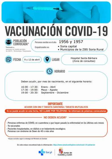 La Junta retoma mañana en Soria la vacunación para los nacidos en 1956 y 1957 de Soria capital y Soria Rural