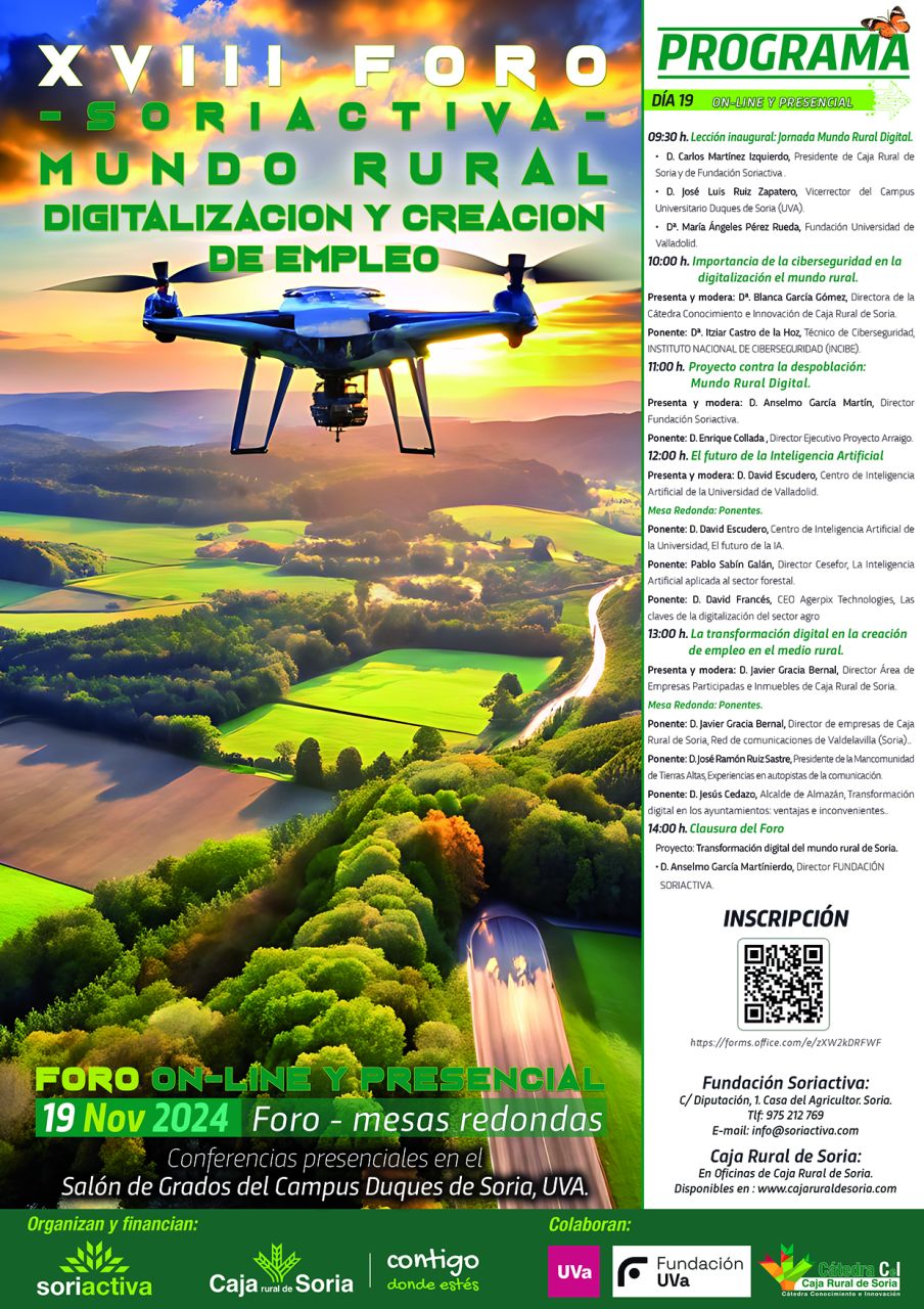 El martes 19 de noviembre se llevará a cabo el XVIII FORO SORIACTIVA 2024, online y presencial, sobre Mundo Rural Digital