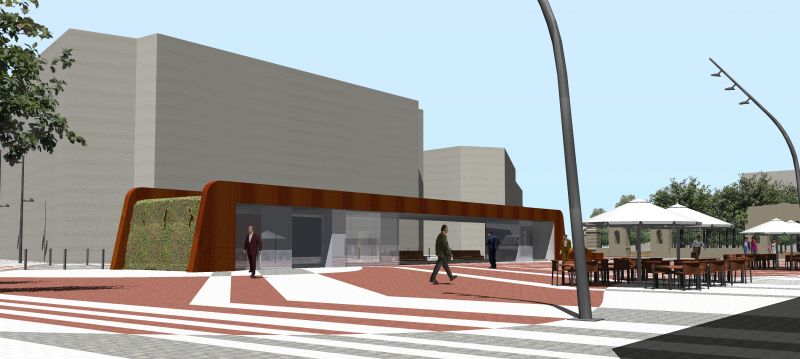 El proyecto de Mariano Granados y el entorno incluye una plaza accesible y una marquesina acristalada con un arco de corten para separar el tráfico
