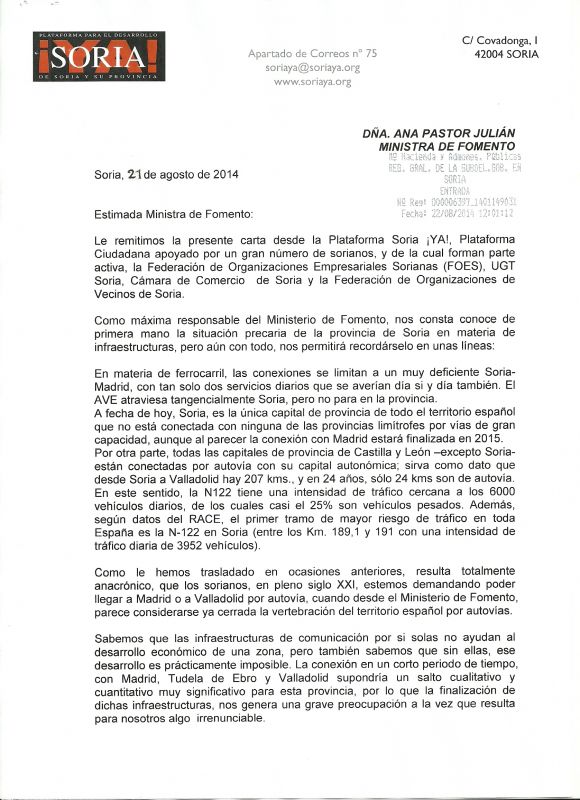 Carta a ANA PASTOR, Ministra de Fomento