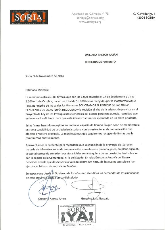 Soria Ya! envia otras 6000 firmas a Ministra de Fomento