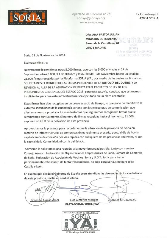 Soria Ya envía 21.000 firmas a Fomento