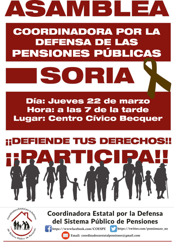 La Coordinadora en defensa de las pensiones públicas de Soria celebrará una ASAMBLEA PÚBLICA 